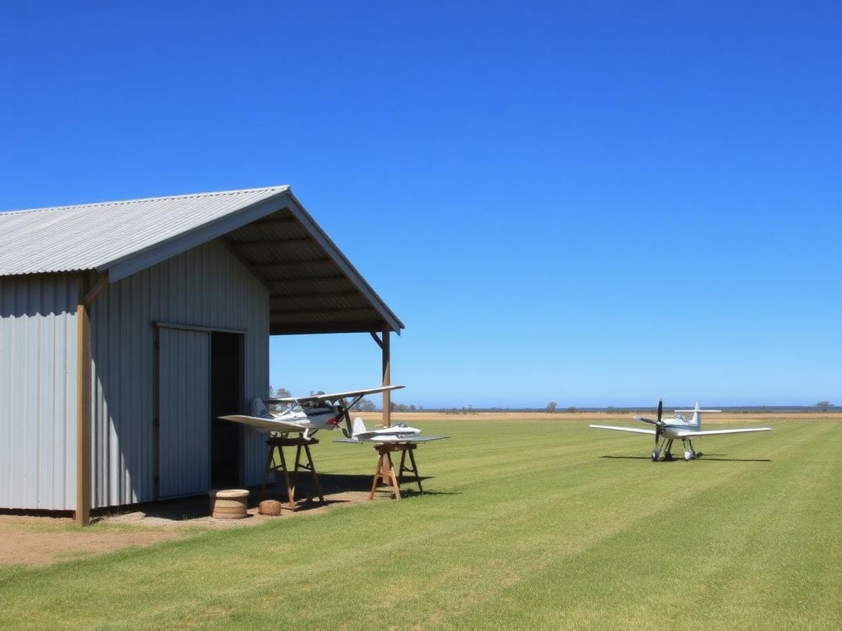The BMAC clubhouse beside the mown grass runway
