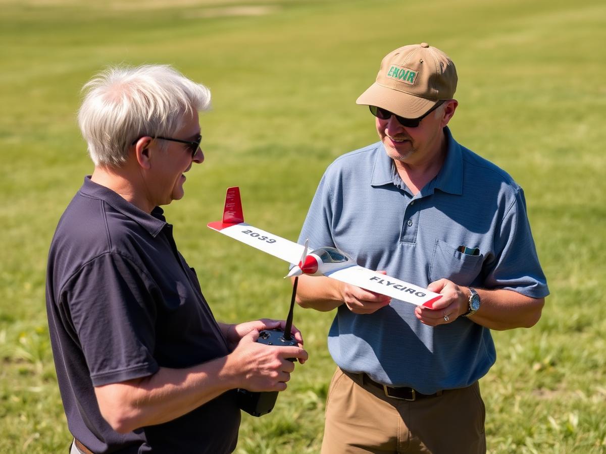 An instructor showing a beginner a trainer aircraft at the flying field