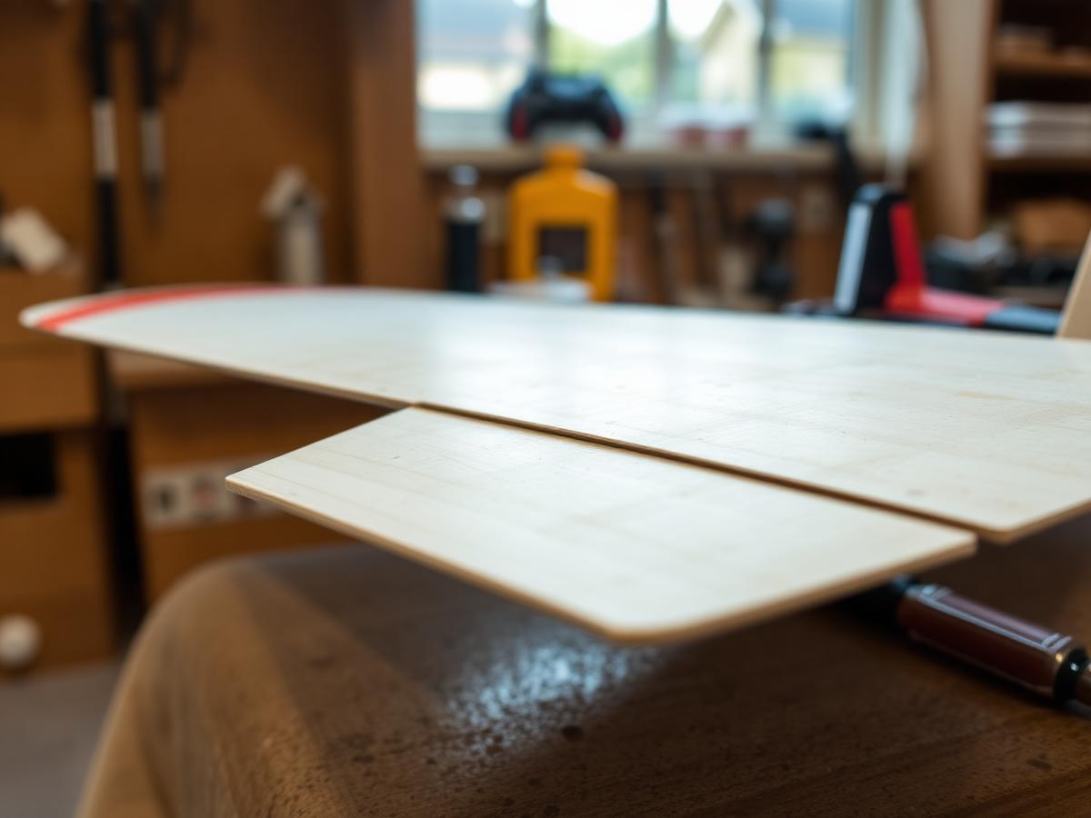 A balsa model aircraft wing on a workbench